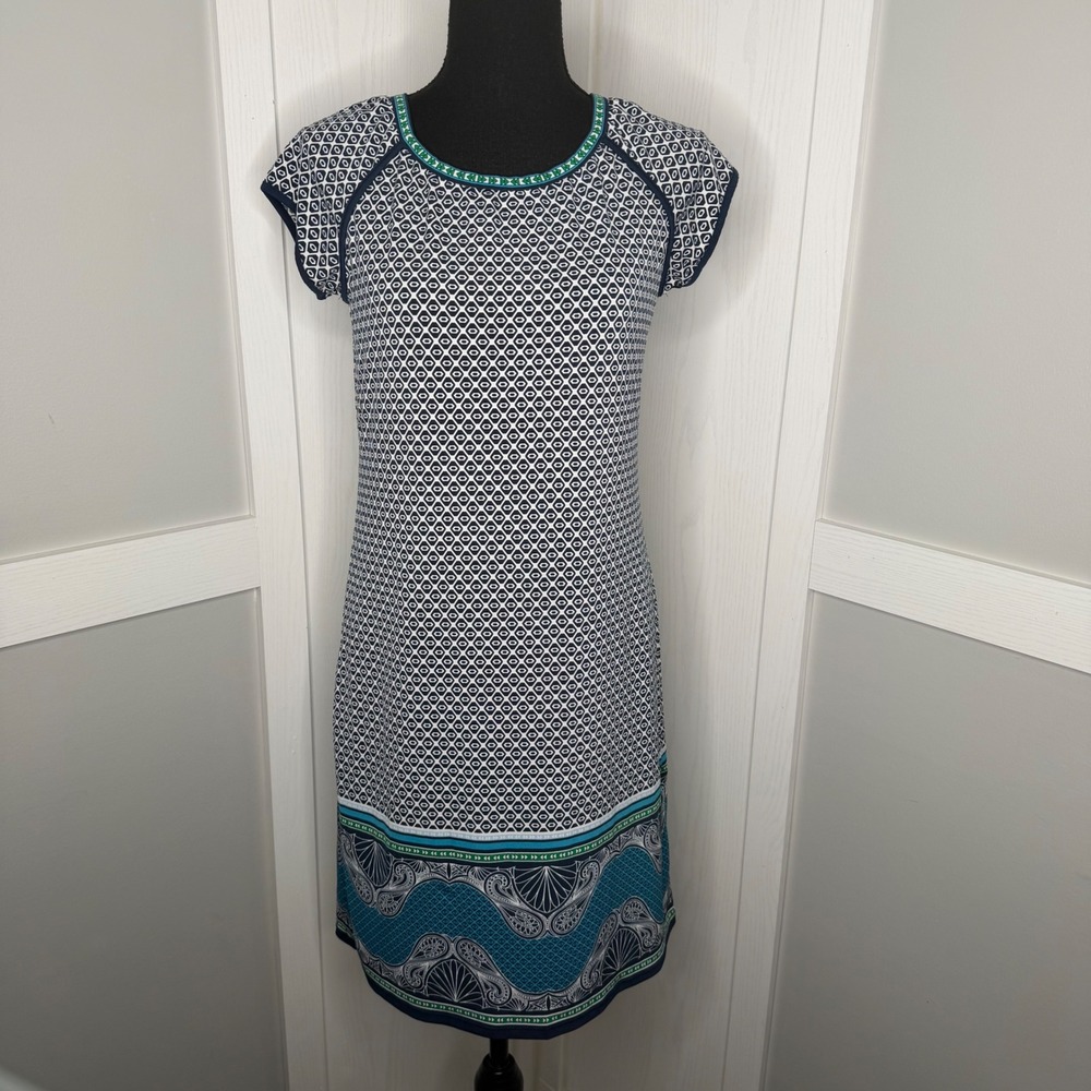 Max Studio Dress Women Small Blue Geometric Paisley Border Stretch 7904W55